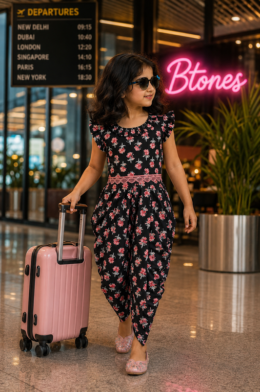 Black Floral Printed Jumpsuit - Girls