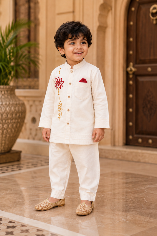 Cream Embroidered Kurta Pyjama - Boys