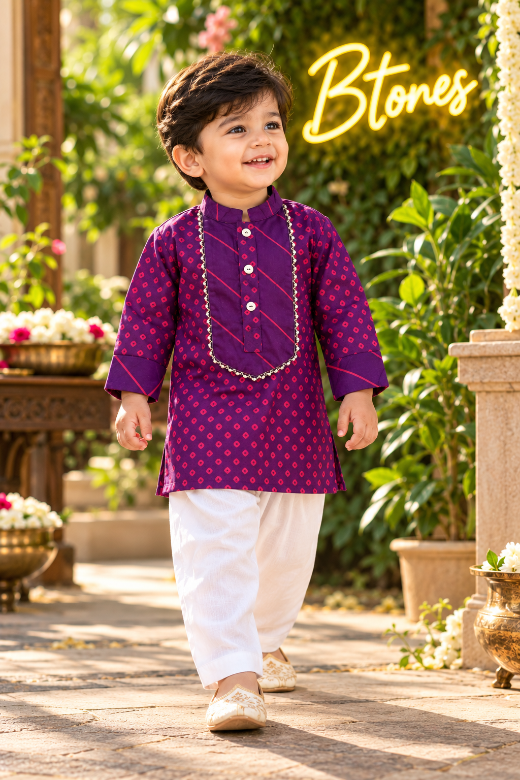 Purple Bandhini Print Kurta Pyjama - Boys