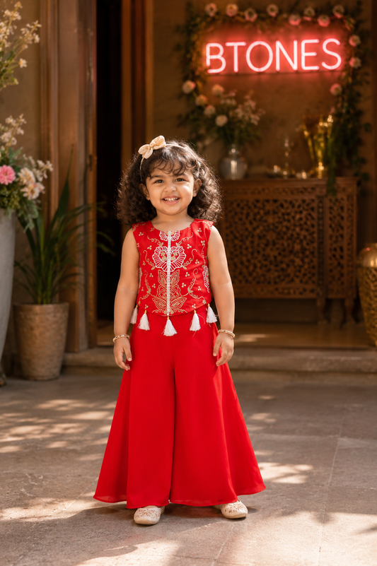 Red Embroidered Crop Top & Palazzo - Girls