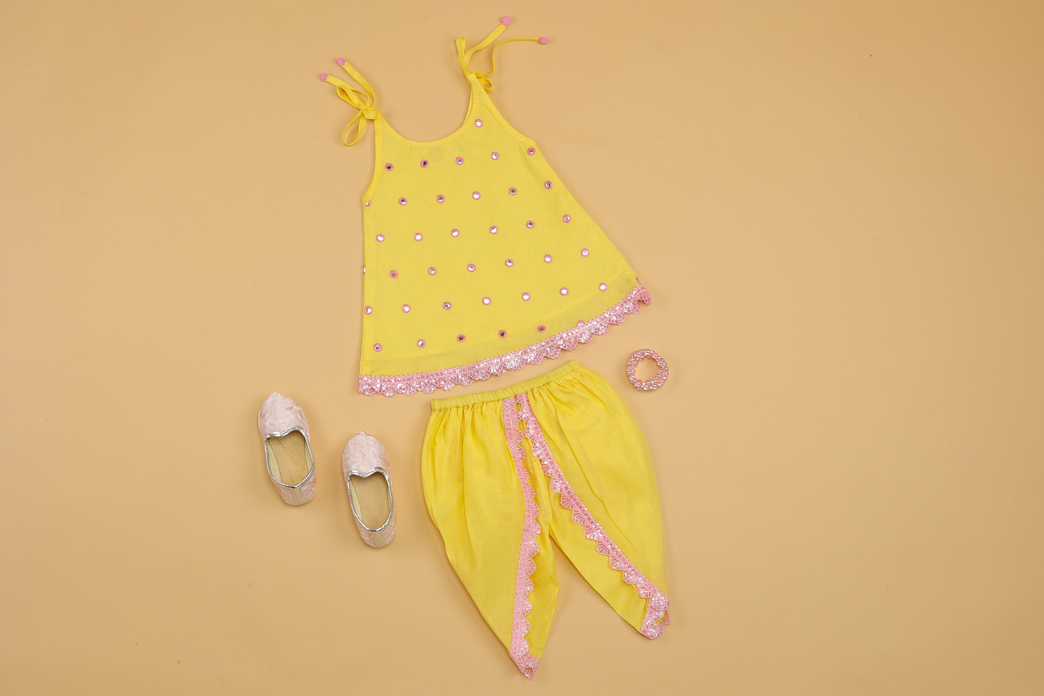 Yellow Mirror Work Kurti & Tulip Pant - Girls
