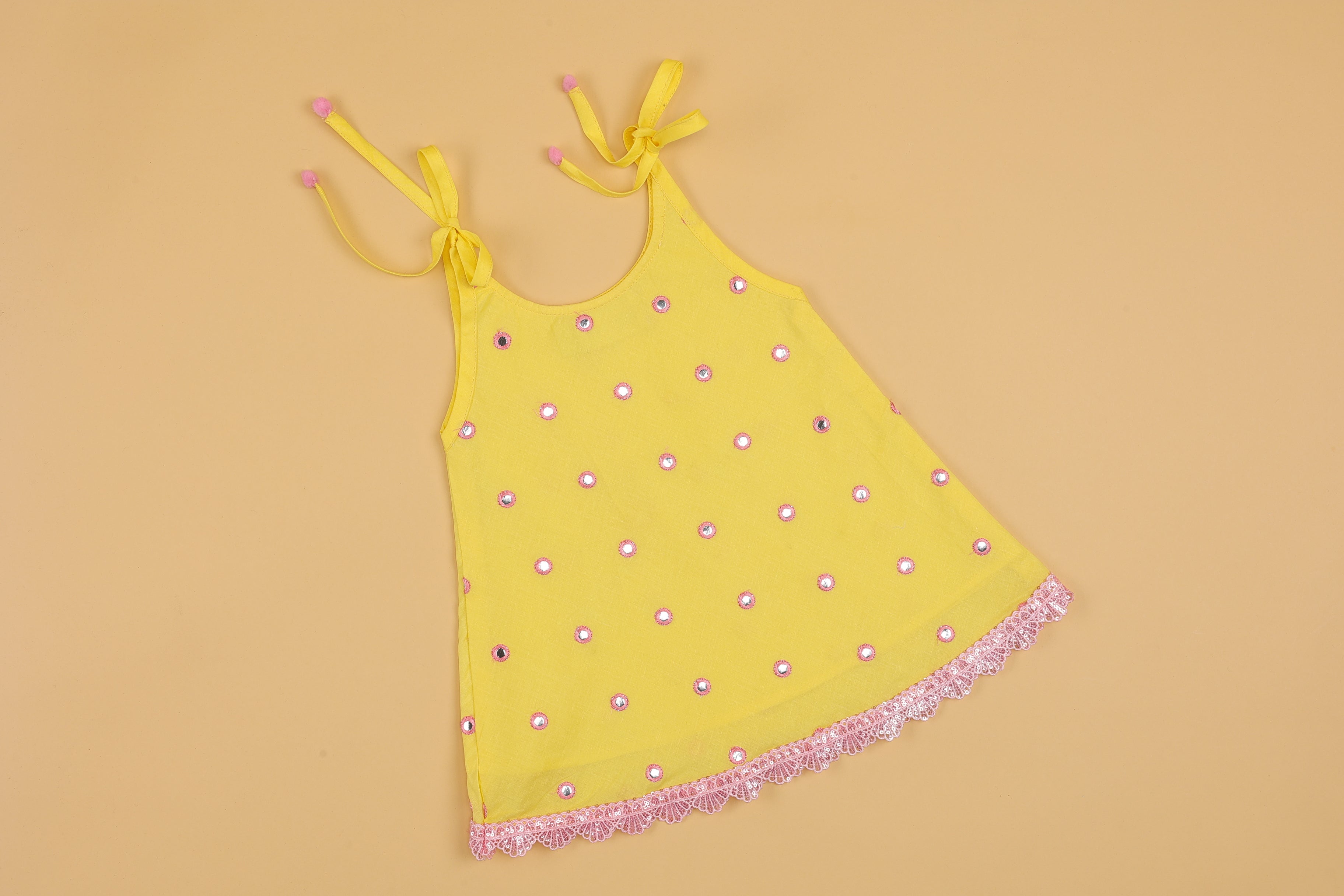 Yellow Mirror Work Kurti & Tulip Pant - Girls