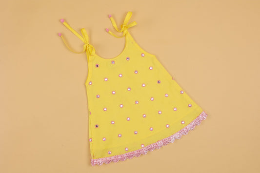 Yellow Mirror Work Kurti & Tulip Pant - Girls