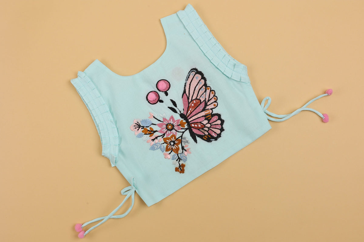 Blue Embroidered Lehenga Choli - Girls