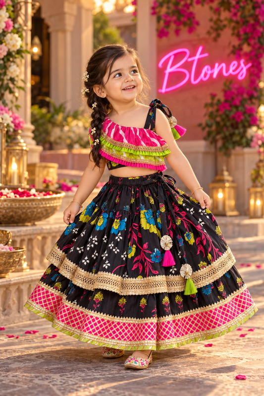 Black Floral Printed Lehenga Choli - Girls