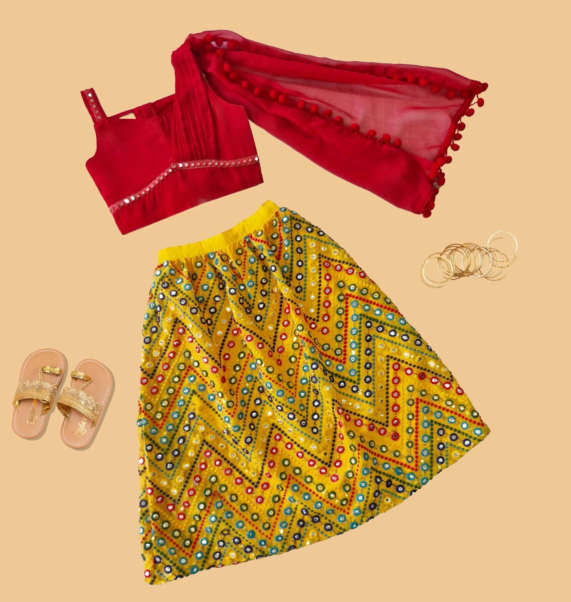 Red & Yellow Mirror work Lehenga Choli - Girls