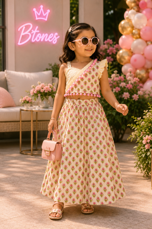 Cream Floral Printed Lehenga Choli - Girls