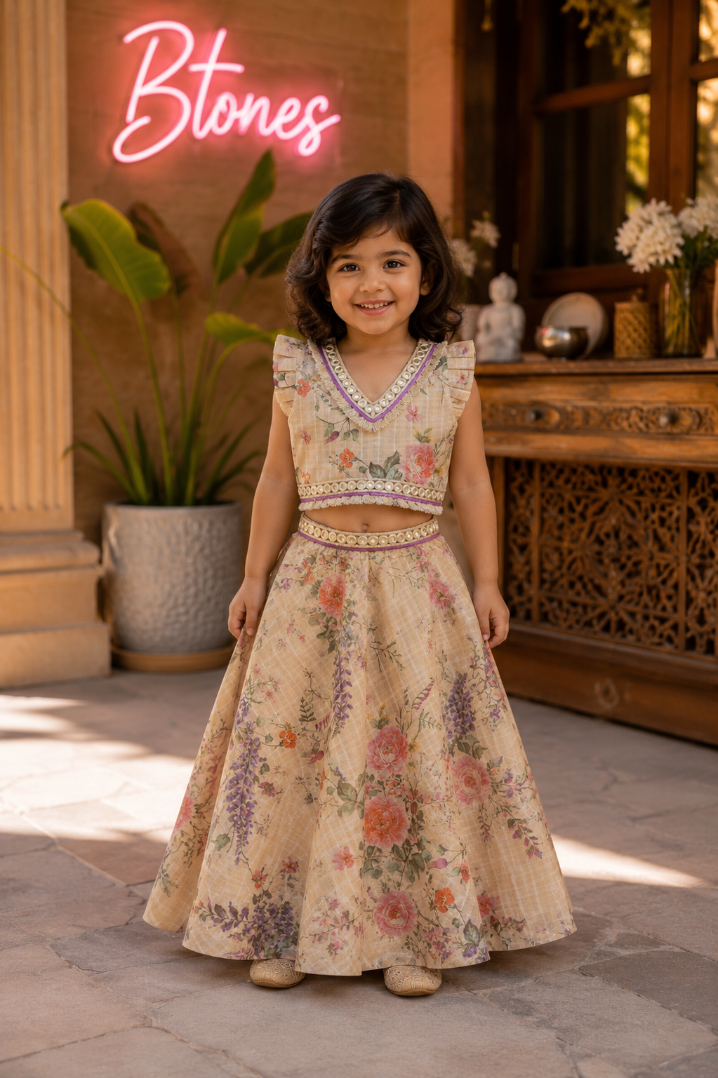 Peach Floral Print Lehenga Choli - Girls