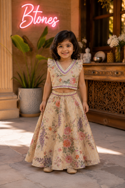 Peach Floral Print Lehenga Choli - Girls