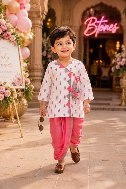 White Printed Kurta Dhoti - Boys