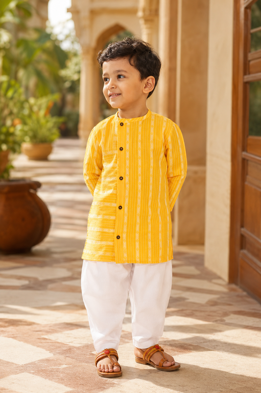 Mustard Kantha Kurta Pyjama - Boys