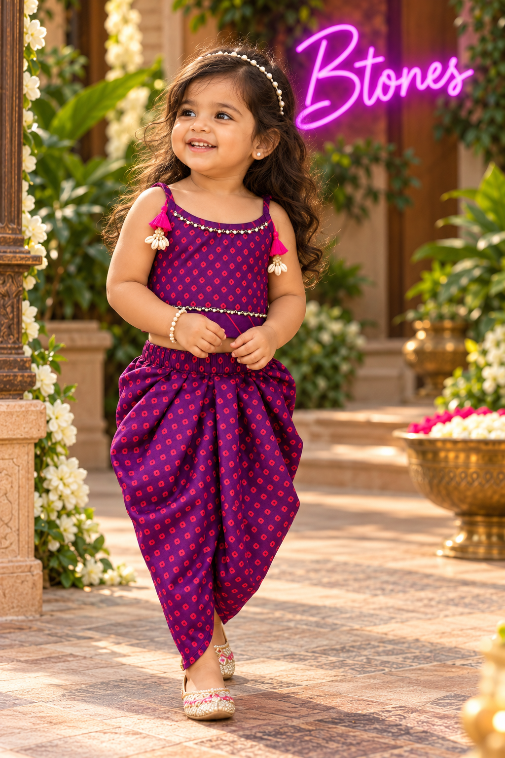 Purple Bandhini Print Crop Top and Dhoti Pant - Girls