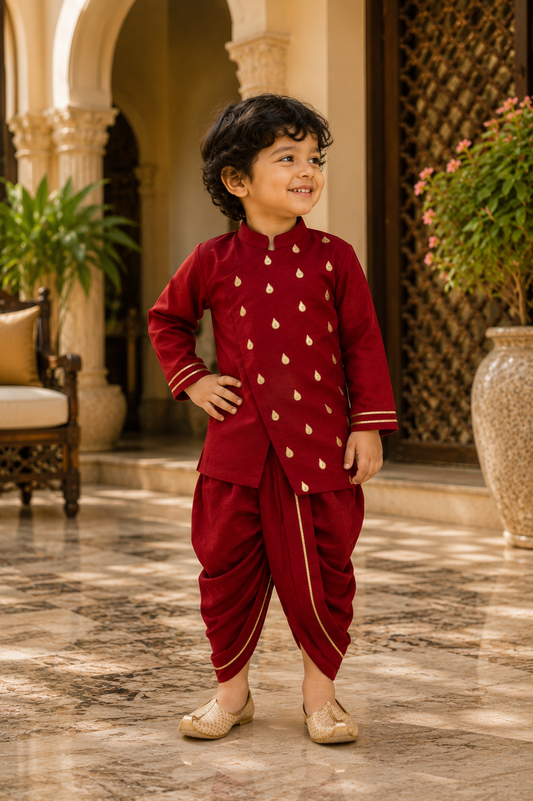 Maroon Embellished Kurta Dhoti - Boys