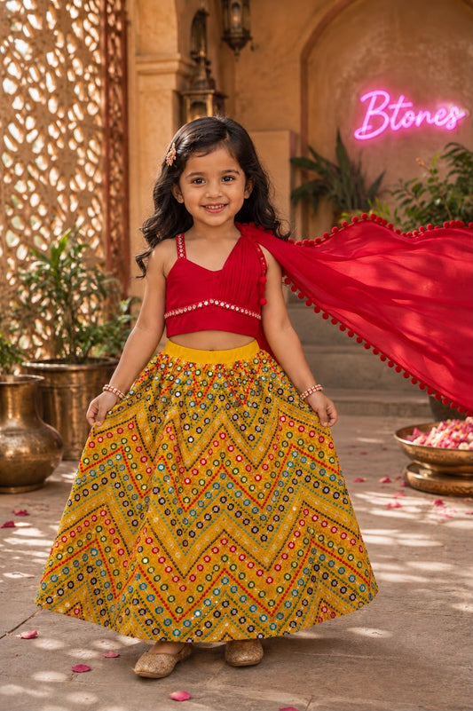 Red & Yellow Mirror work Lehenga Choli - Girls