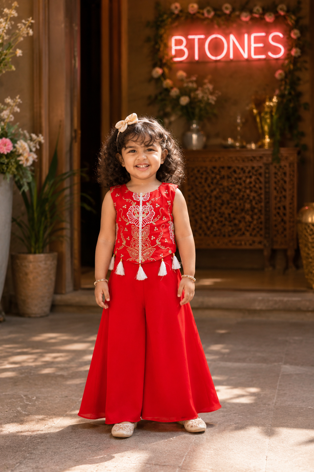 Red Embroidered Crop Top & Palazzo - Girls