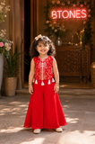 Red Embroidered Crop Top & Palazzo - Girls