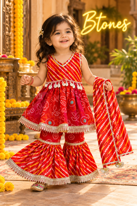 Red Lehriya Print Kurti Sharara - Girls