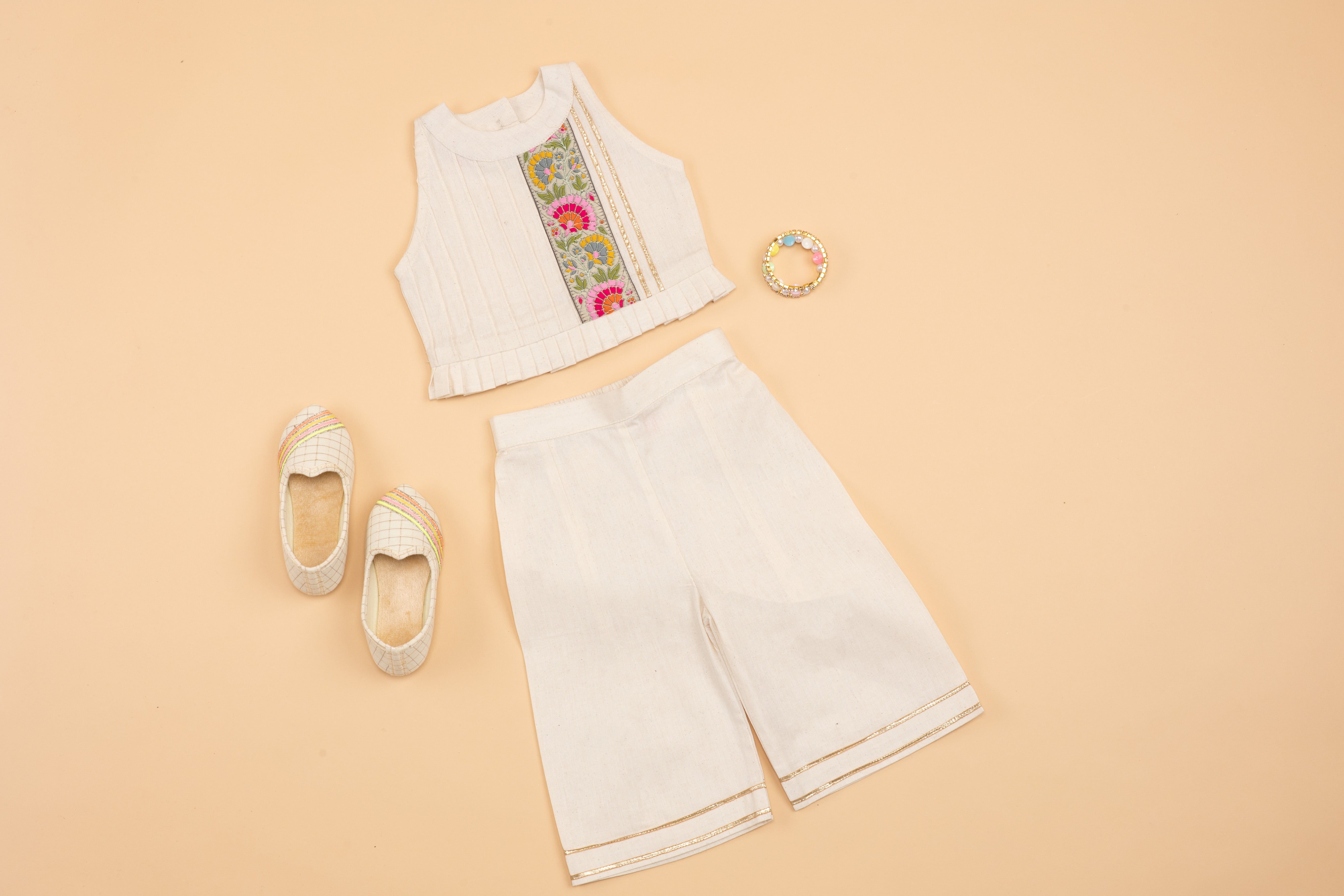 High Neck Khadi Crop Top & Pant - Girls