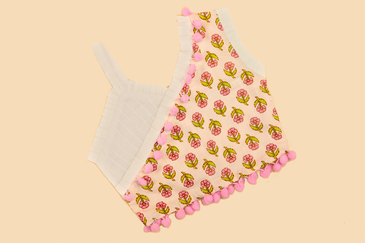 Cream Floral Printed Lehenga Choli - Girls