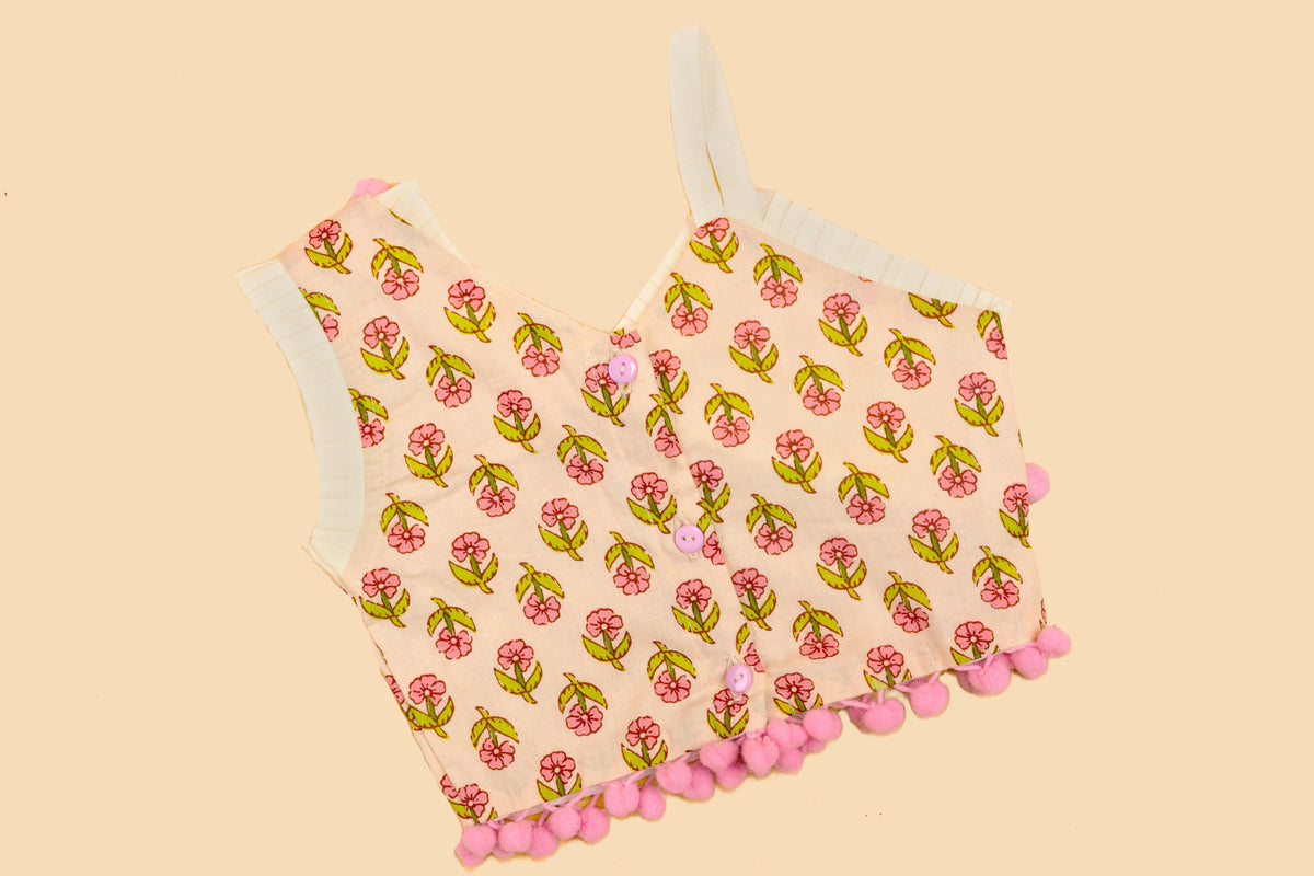 Cream Floral Printed Lehenga Choli - Girls