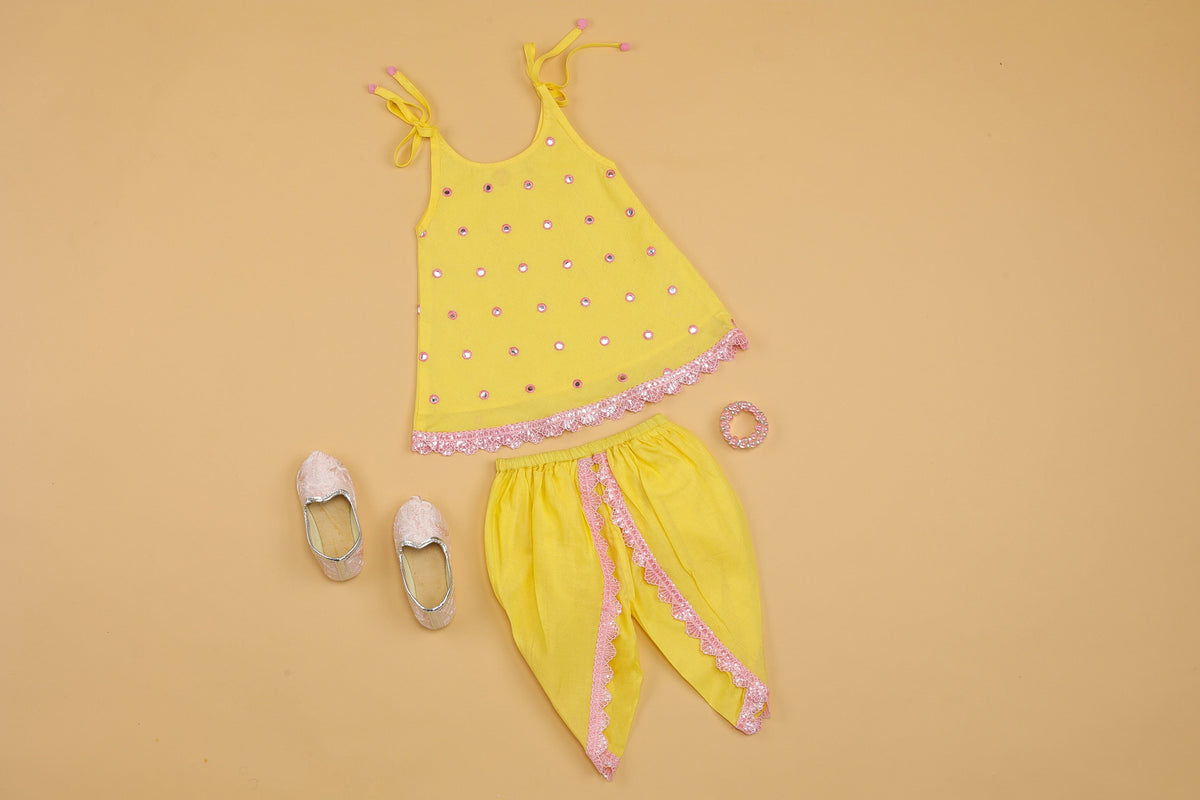 Yellow Mirror Work Kurti & Tulip Pant - Girls
