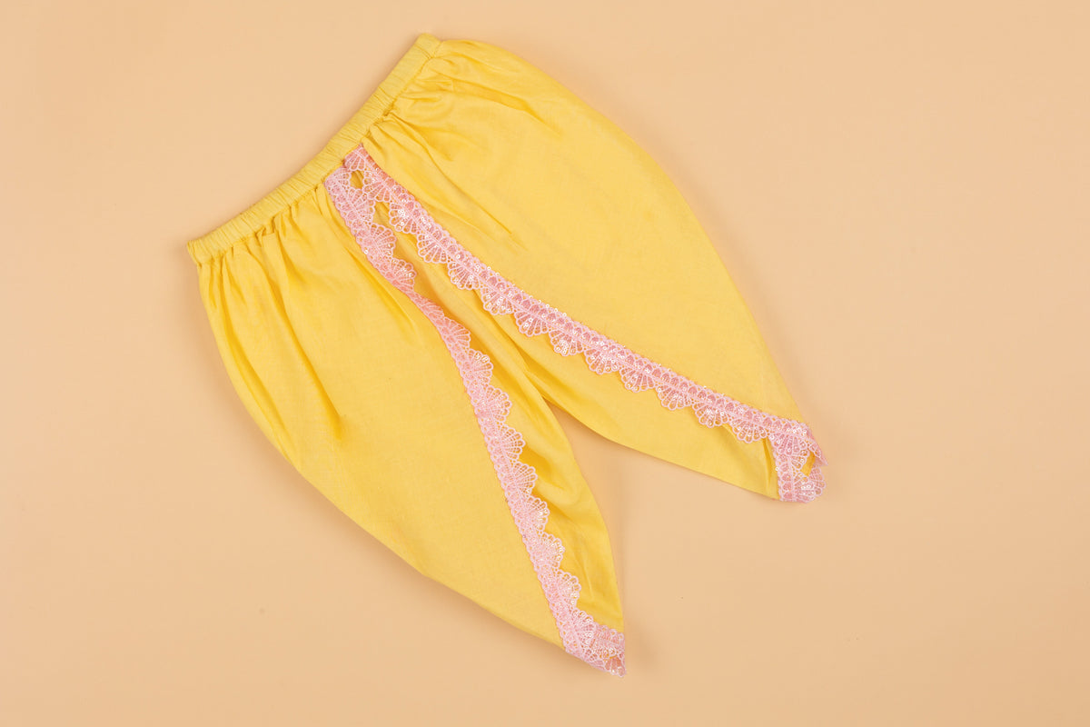 Yellow Mirror Work Kurti & Tulip Pant - Girls