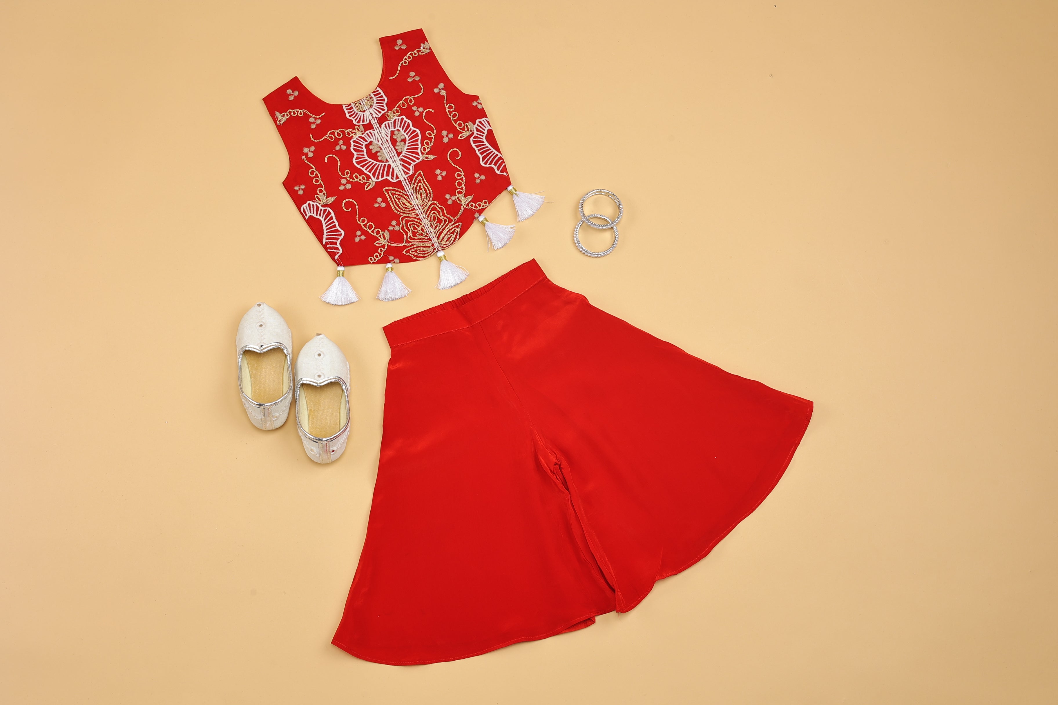 Red Embroidered Crop Top & Palazzo - Girls