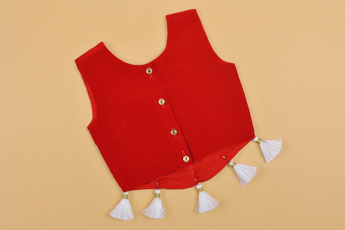 Red Embroidered Crop Top & Palazzo - Girls