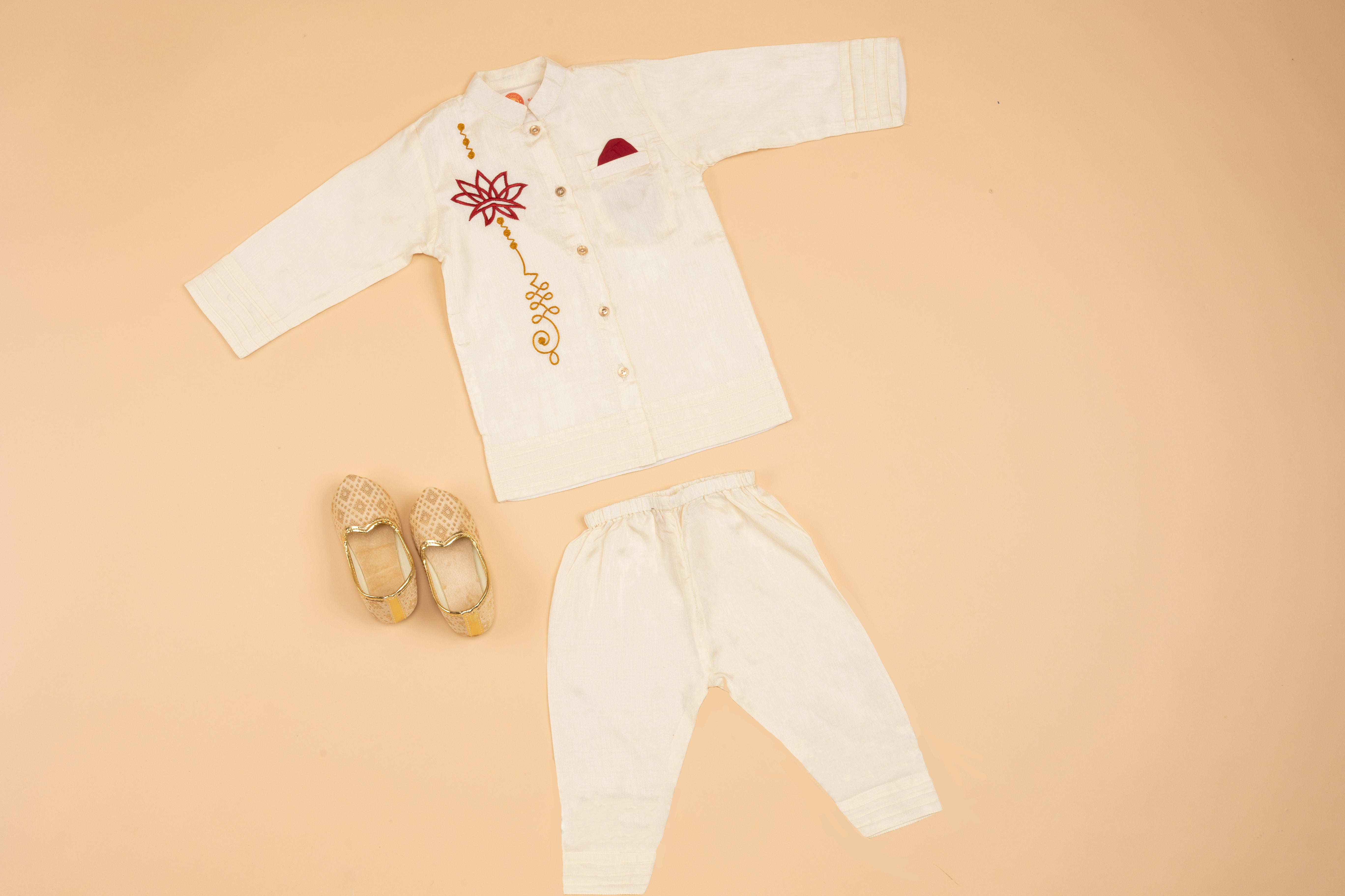 Cream Embroidered Kurta Pyjama - Boys