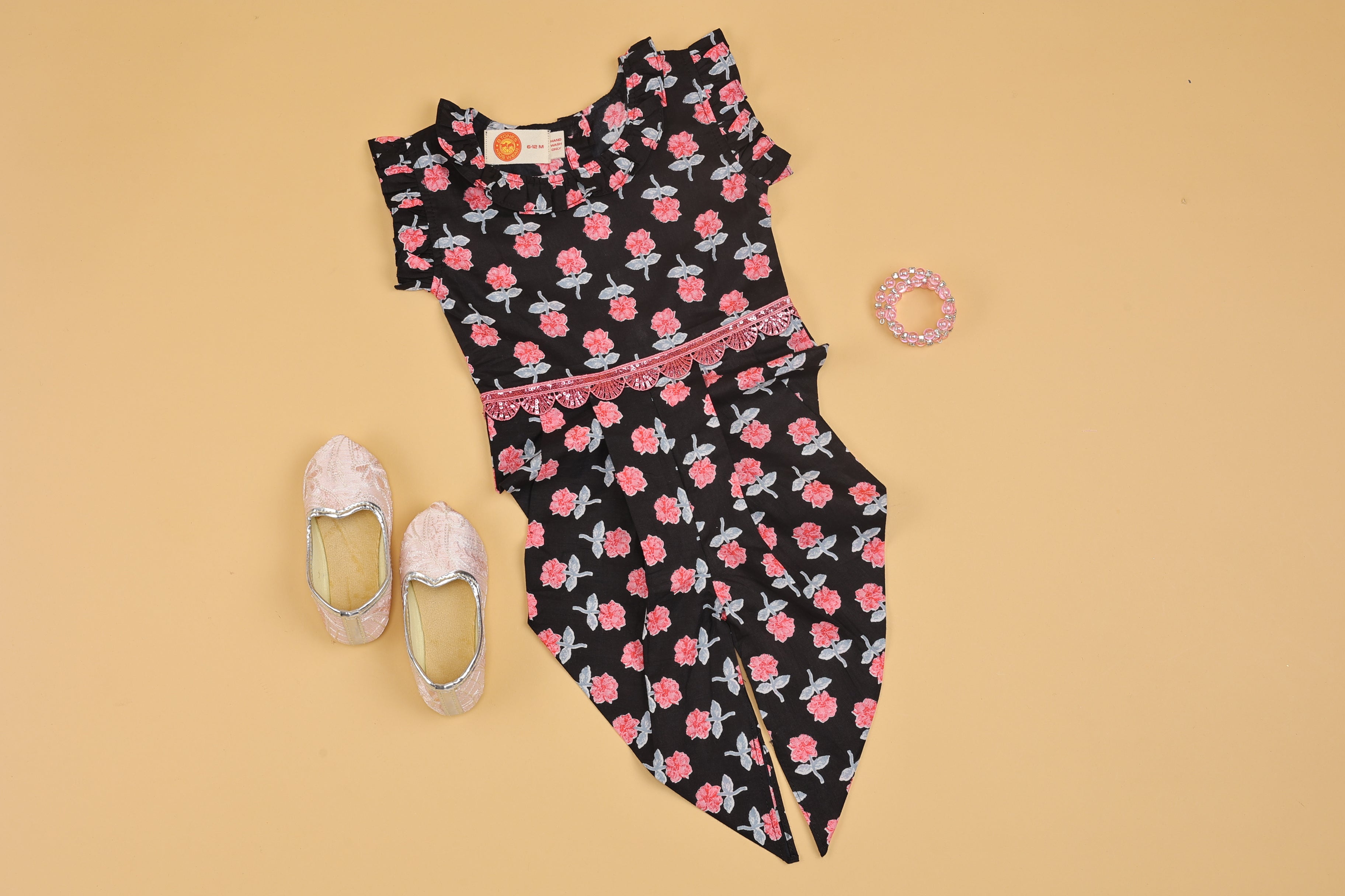 Black Floral Printed Jumpsuit - Girls
