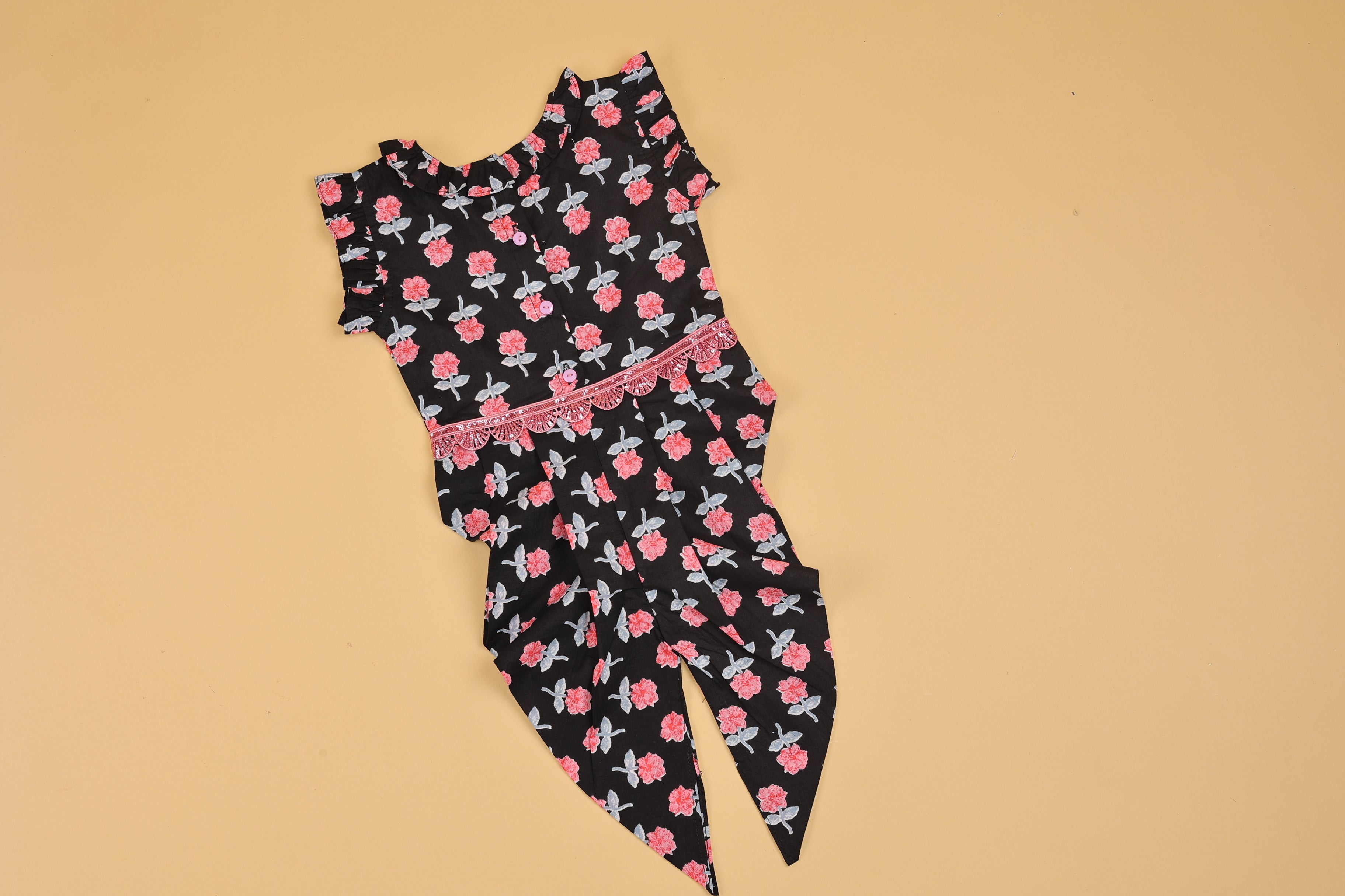 Black Floral Printed Jumpsuit - Girls