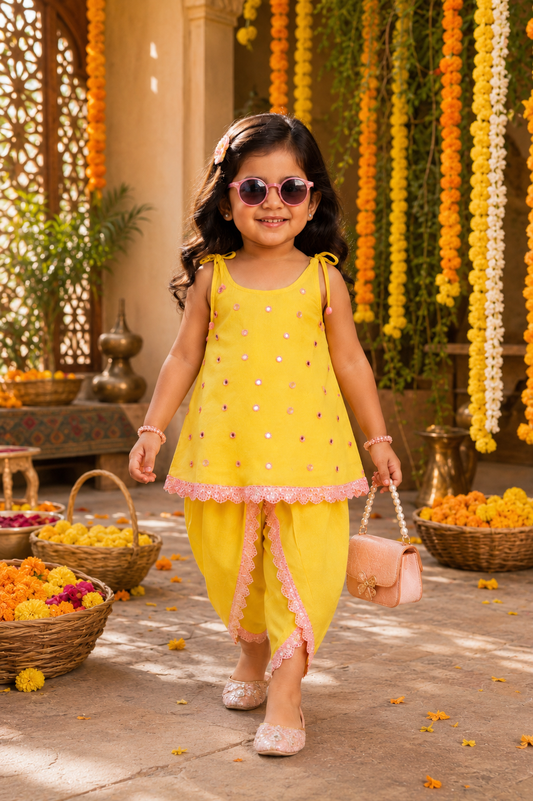 Yellow Mirror Work Kurti & Tulip Pant - Girls