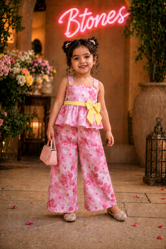 Pink Blossom Floral Peplum Co-ord Set - Girls