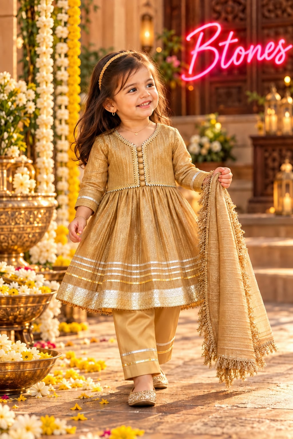 Golden Crush Kurti Pant with Dupatta - Girls