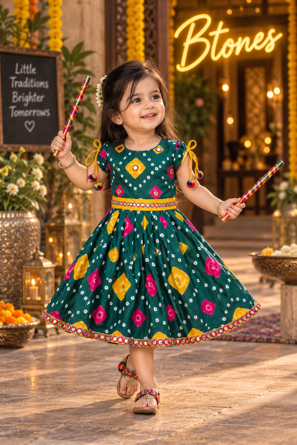 Green Mirror Work Frock - Girls