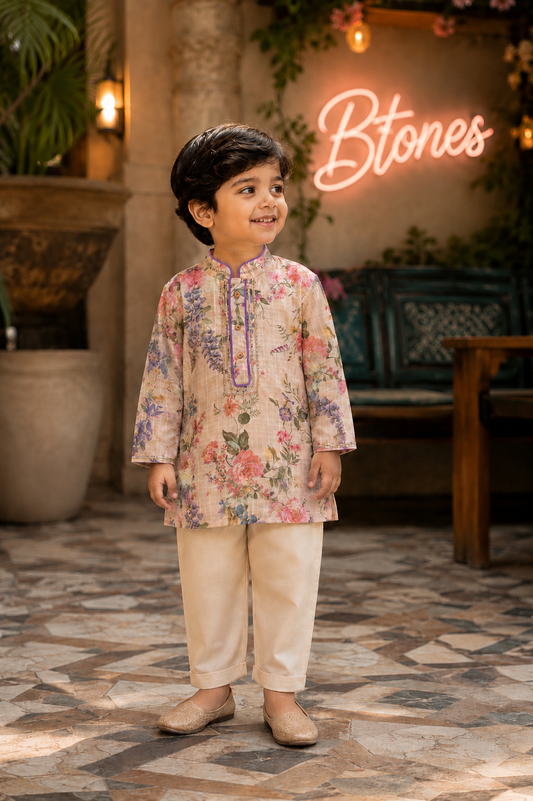 Peach Floral Print Kurta Pyjama - Boys