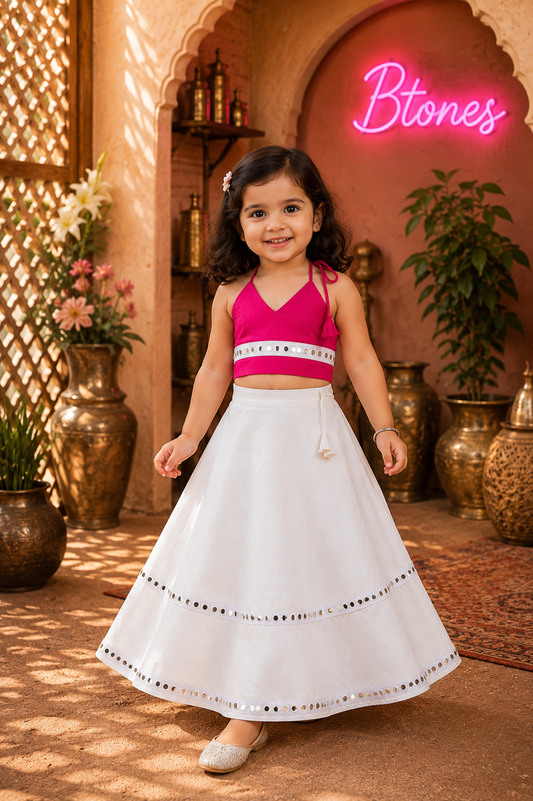 Pink & White Lehenga Choli - Girls